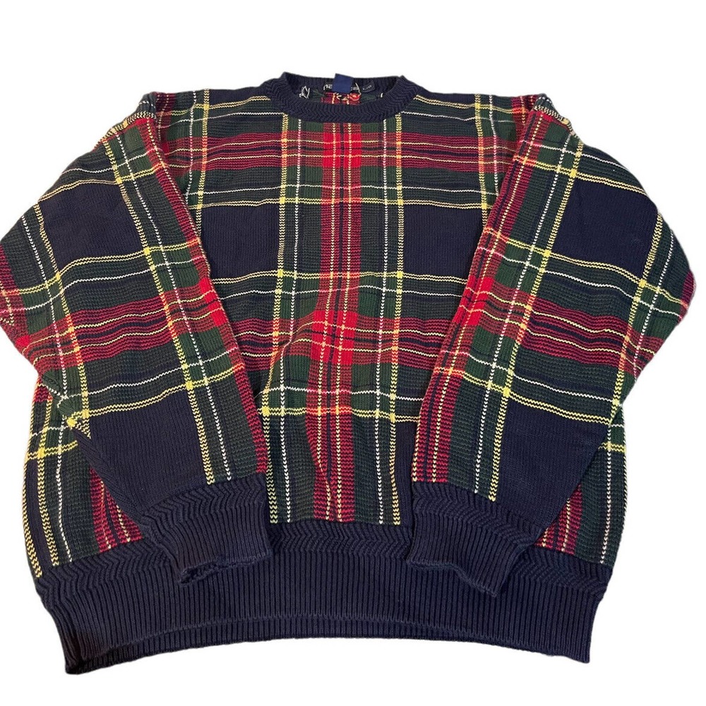 Men’s Vintage Nautics 90s Long Sleeve Plaid Knit Sweater Size Large Hong Kong